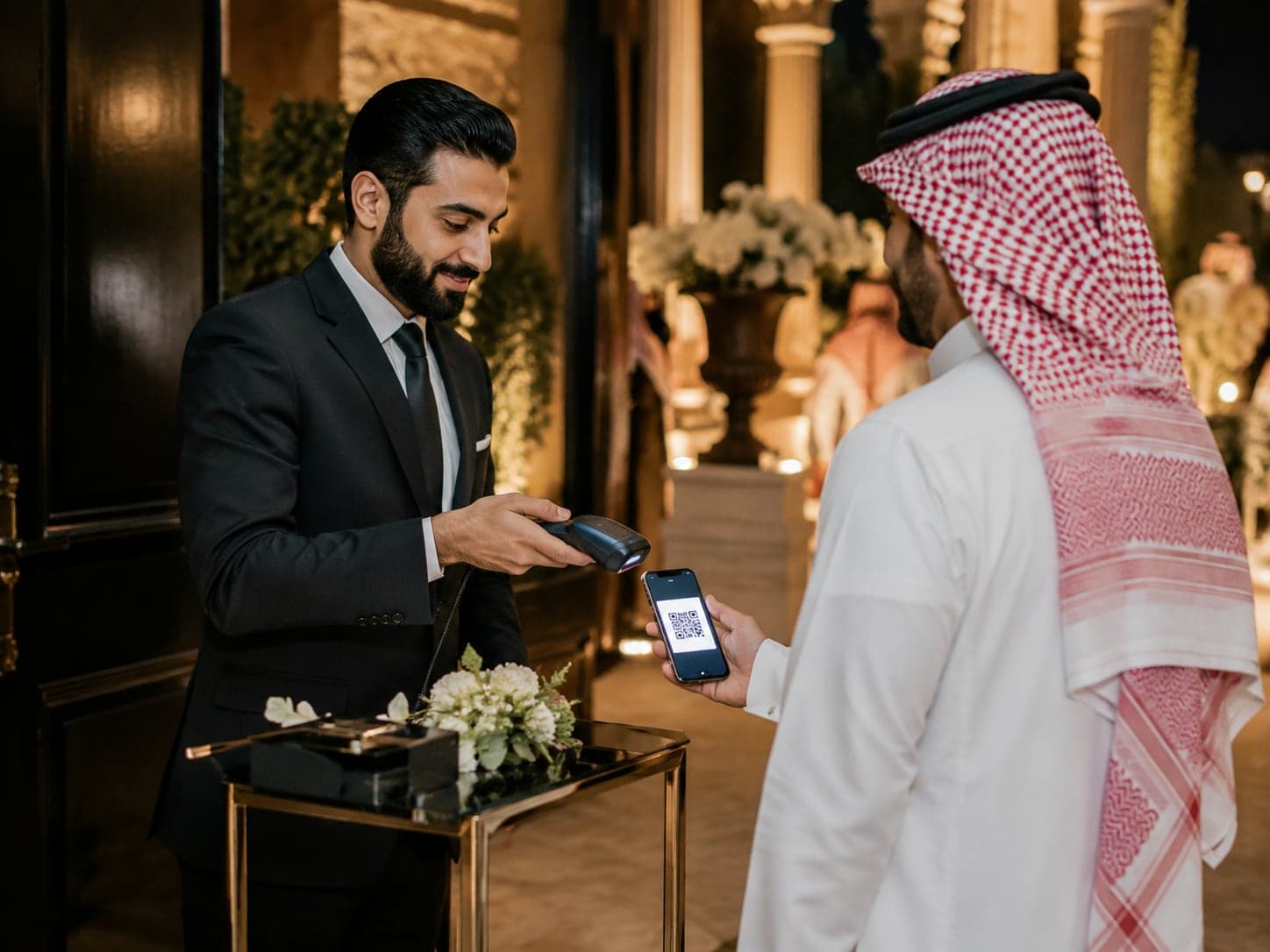 مضيف يمسح بطاقة دخول الضيف عبر رمز QR عند مدخل أنيق للمناسبة